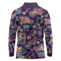 Hawaii Islands Map Design with Japanese Landscape Long Sleeve Polo Shirt Hawaiian Japan Fusion Art Purple Color LT03 - Polynesian Pride