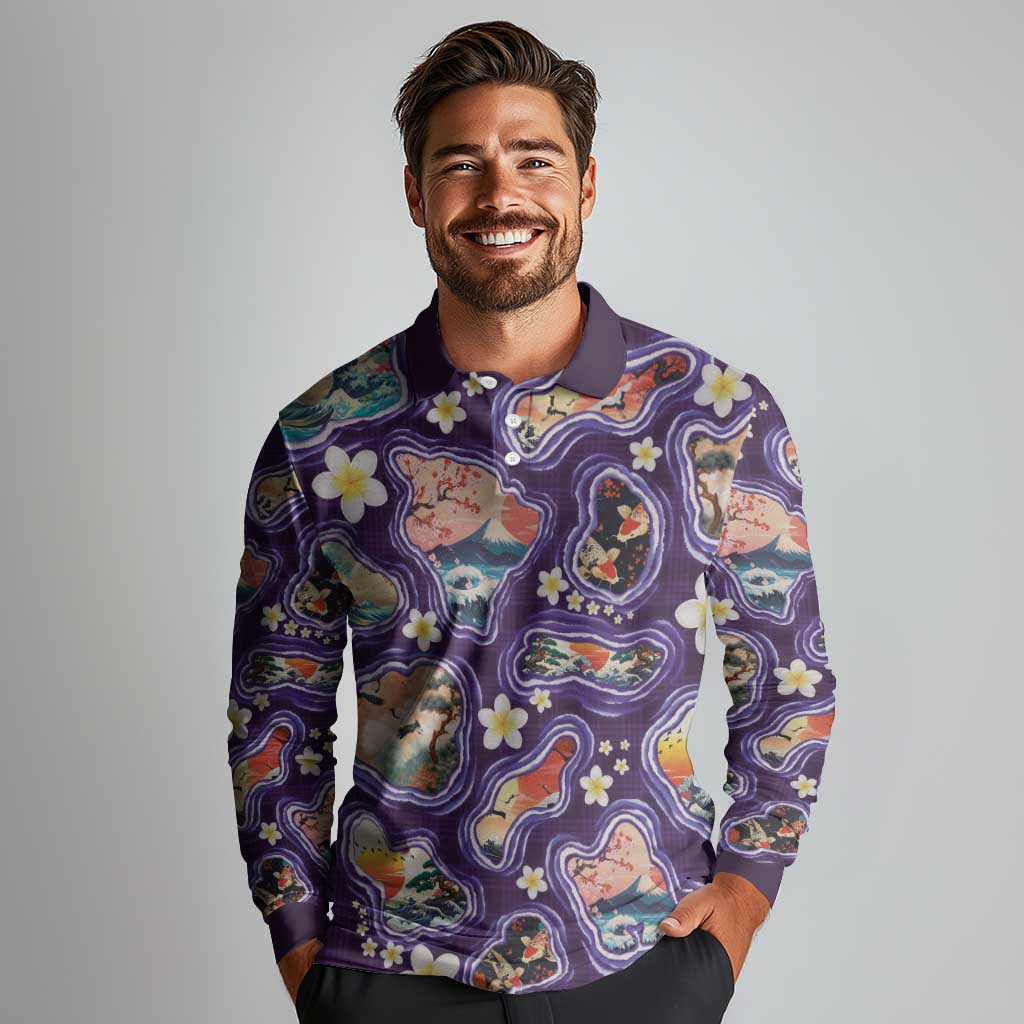 Hawaii Islands Map Design with Japanese Landscape Long Sleeve Polo Shirt Hawaiian Japan Fusion Art Purple Color LT03 - Polynesian Pride