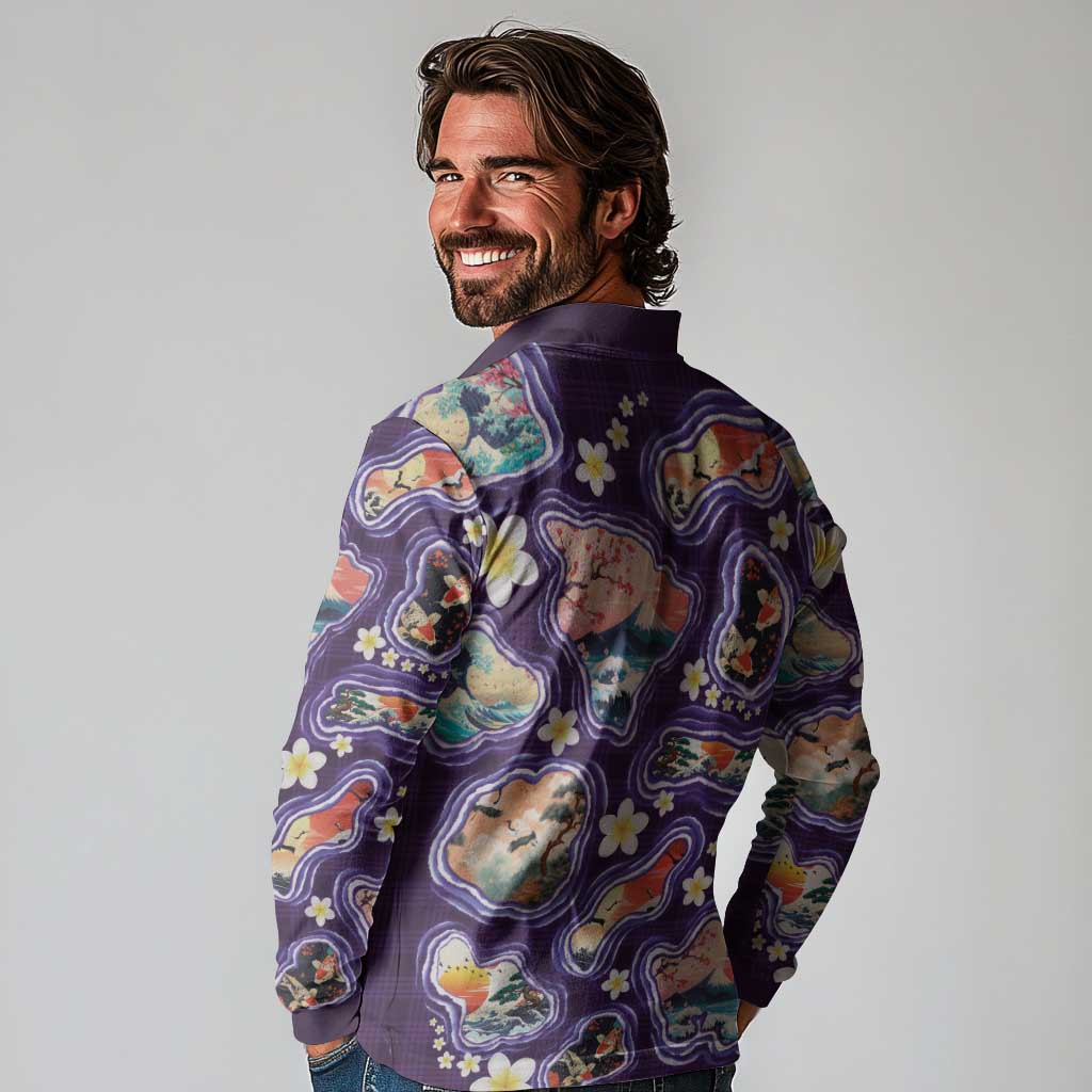 Hawaii Islands Map Design with Japanese Landscape Long Sleeve Polo Shirt Hawaiian Japan Fusion Art Purple Color LT03 - Polynesian Pride