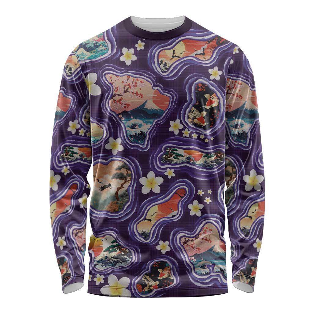 Hawaii Islands Map Design with Japanese Landscape Long Sleeve Shirt Hawaiian Japan Fusion Art Purple Color