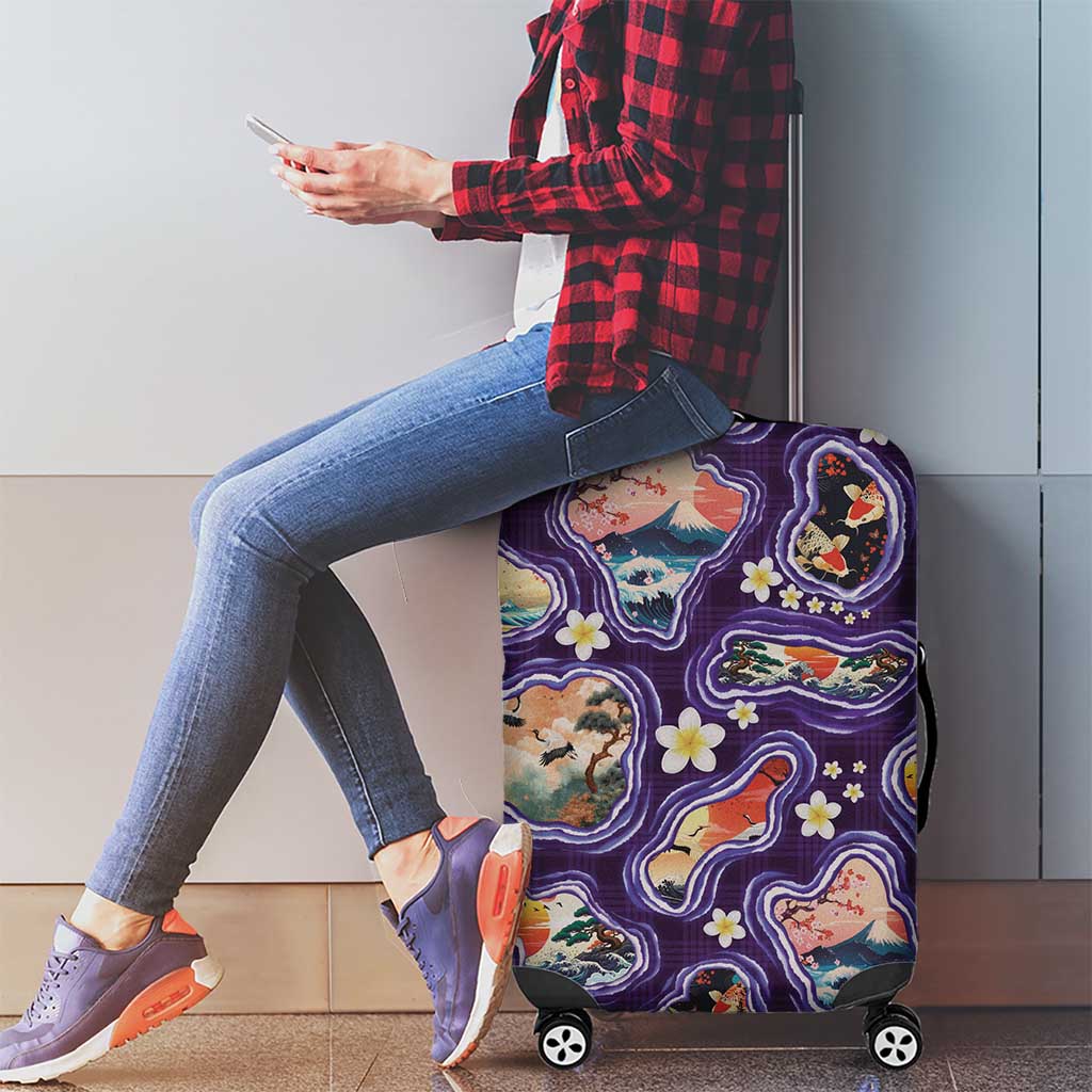 Hawaii Islands Map Design with Japanese Landscape Luggage Cover Hawaiian Japan Fusion Art Purple Color LT03 - Polynesian Pride