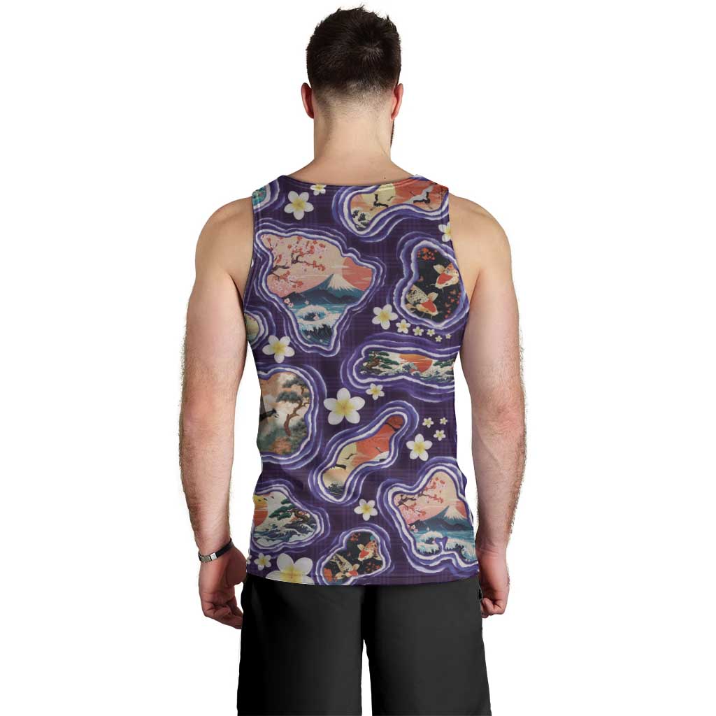 Hawaii Islands Map Design with Japanese Landscape Men Tank Top Hawaiian Japan Fusion Art Purple Color