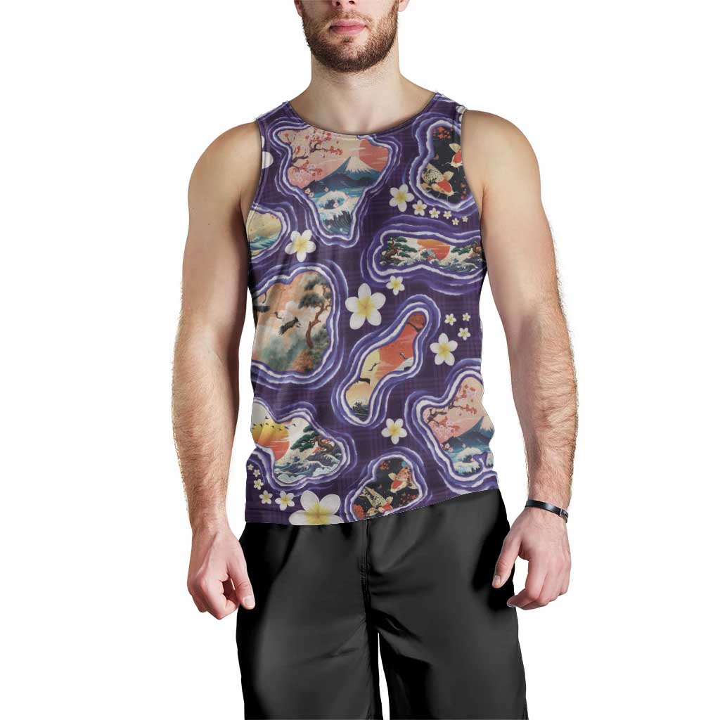 Hawaii Islands Map Design with Japanese Landscape Men Tank Top Hawaiian Japan Fusion Art Purple Color