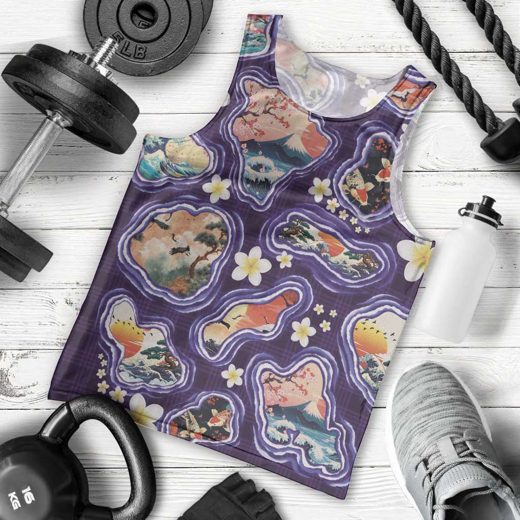 Hawaii Islands Map Design with Japanese Landscape Men Tank Top Hawaiian Japan Fusion Art Purple Color