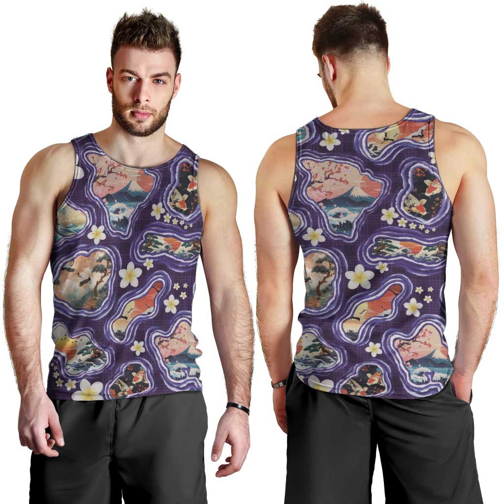 Hawaii Islands Map Design with Japanese Landscape Men Tank Top Hawaiian Japan Fusion Art Purple Color