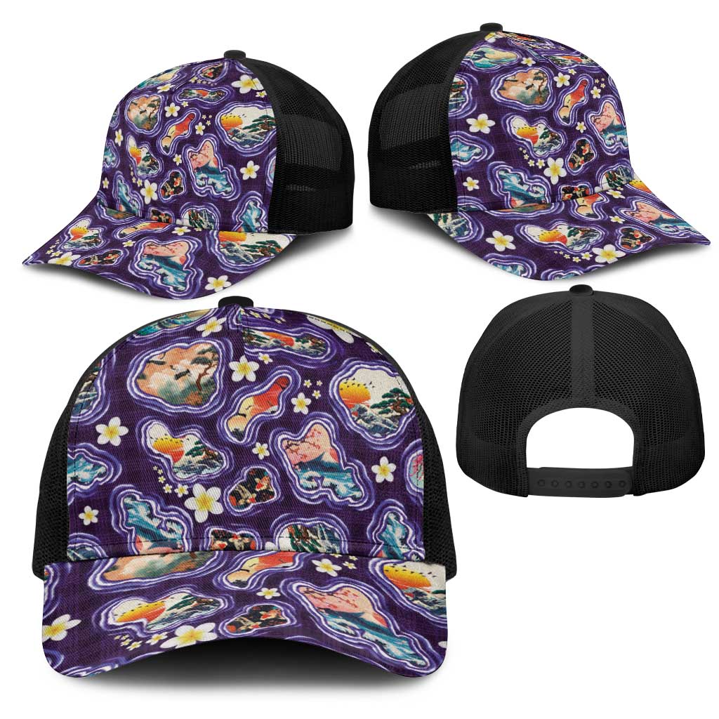 Hawaii Islands Map Design with Japanese Landscape Mesh Trucker Cap Hawaiian Japan Fusion Art Purple Color