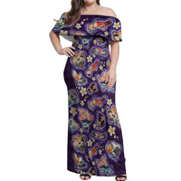 Hawaii Islands Map Design with Japanese Landscape Off Shoulder Maxi Dress Hawaiian Japan Fusion Art Purple Color LT03 Women Purple - Polynesian Pride