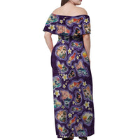 Hawaii Islands Map Design with Japanese Landscape Off Shoulder Maxi Dress Hawaiian Japan Fusion Art Purple Color LT03 - Polynesian Pride