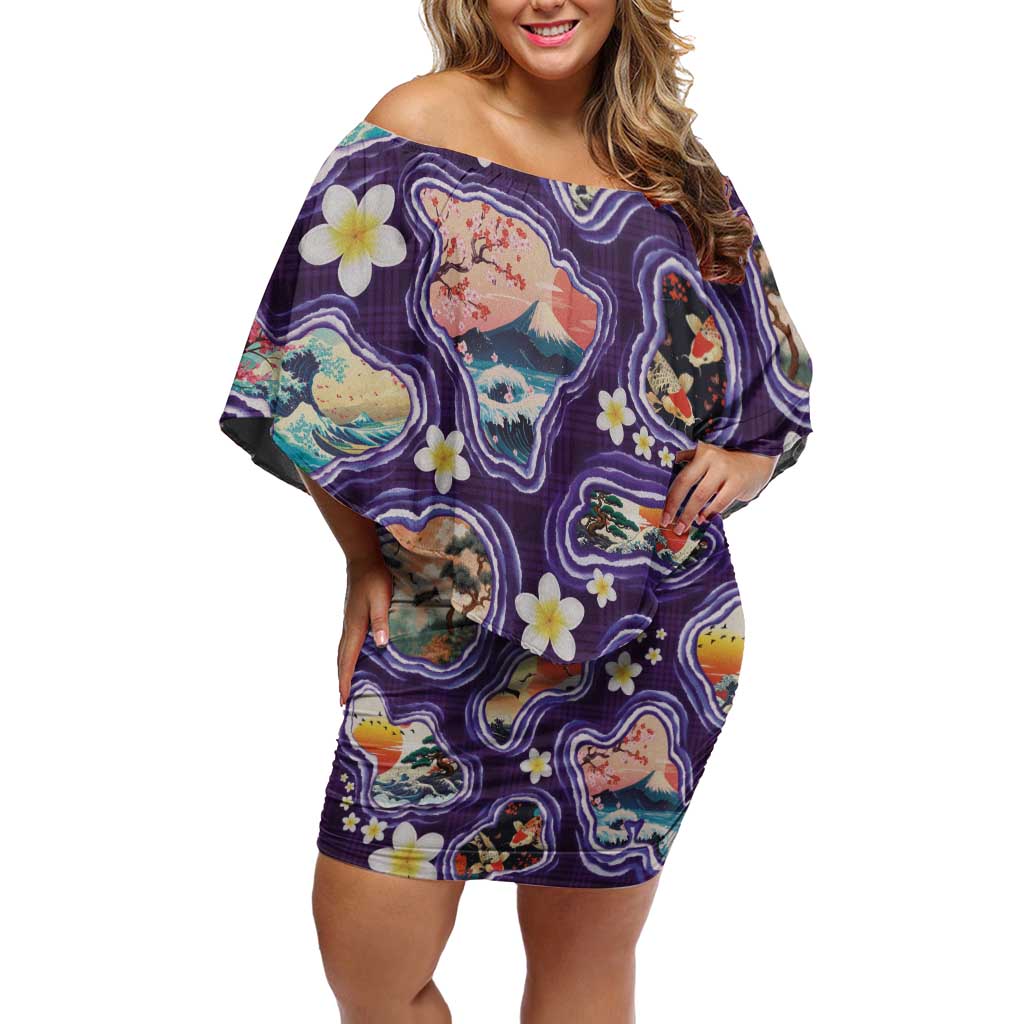 Hawaii Islands Map Design with Japanese Landscape Off Shoulder Short Dress Hawaiian Japan Fusion Art Purple Color LT03 Women Purple - Polynesian Pride