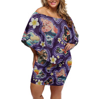 Hawaii Islands Map Design with Japanese Landscape Off Shoulder Short Dress Hawaiian Japan Fusion Art Purple Color LT03 Women Purple - Polynesian Pride