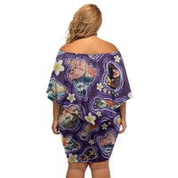 Hawaii Islands Map Design with Japanese Landscape Off Shoulder Short Dress Hawaiian Japan Fusion Art Purple Color LT03 - Polynesian Pride