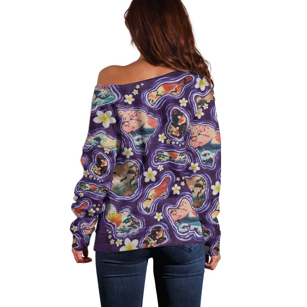 Hawaii Islands Map Design with Japanese Landscape Off Shoulder Sweater Hawaiian Japan Fusion Art Purple Color