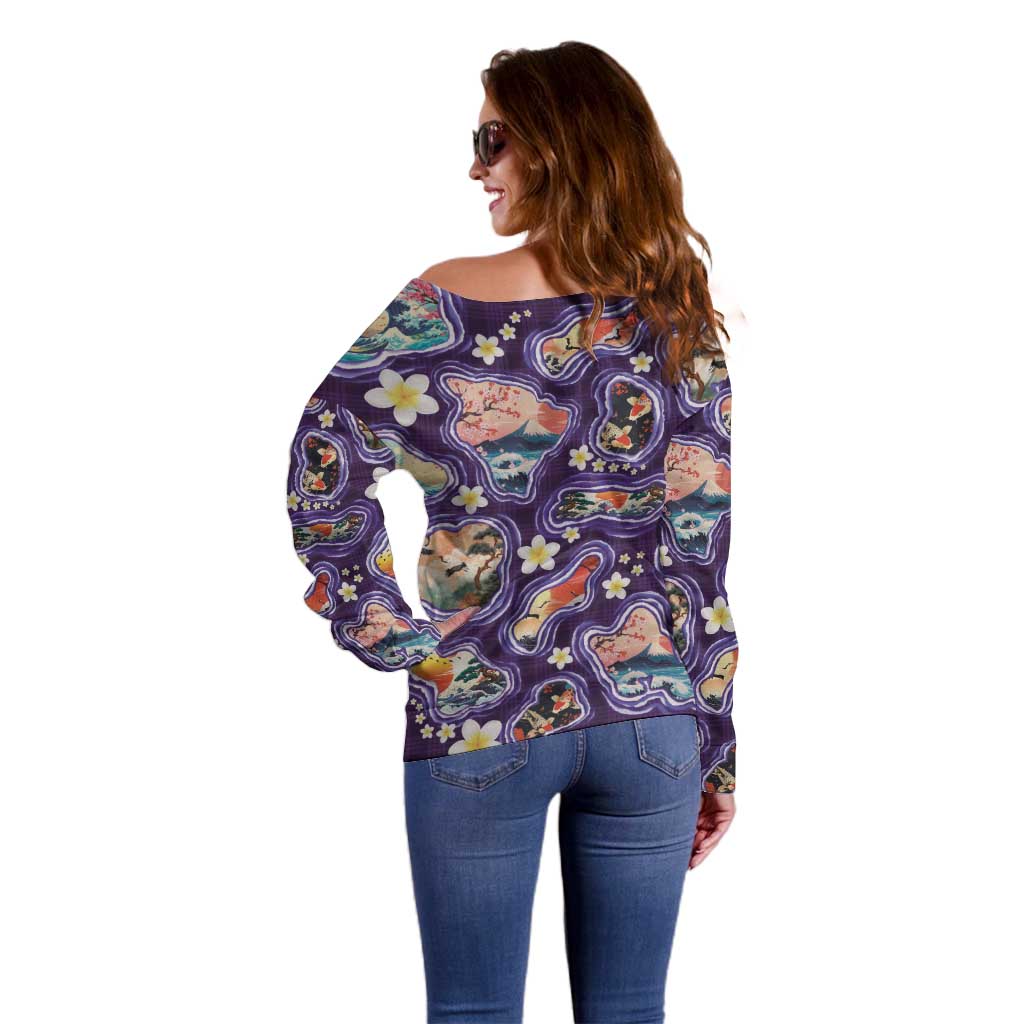 Hawaii Islands Map Design with Japanese Landscape Off Shoulder Sweater Hawaiian Japan Fusion Art Purple Color