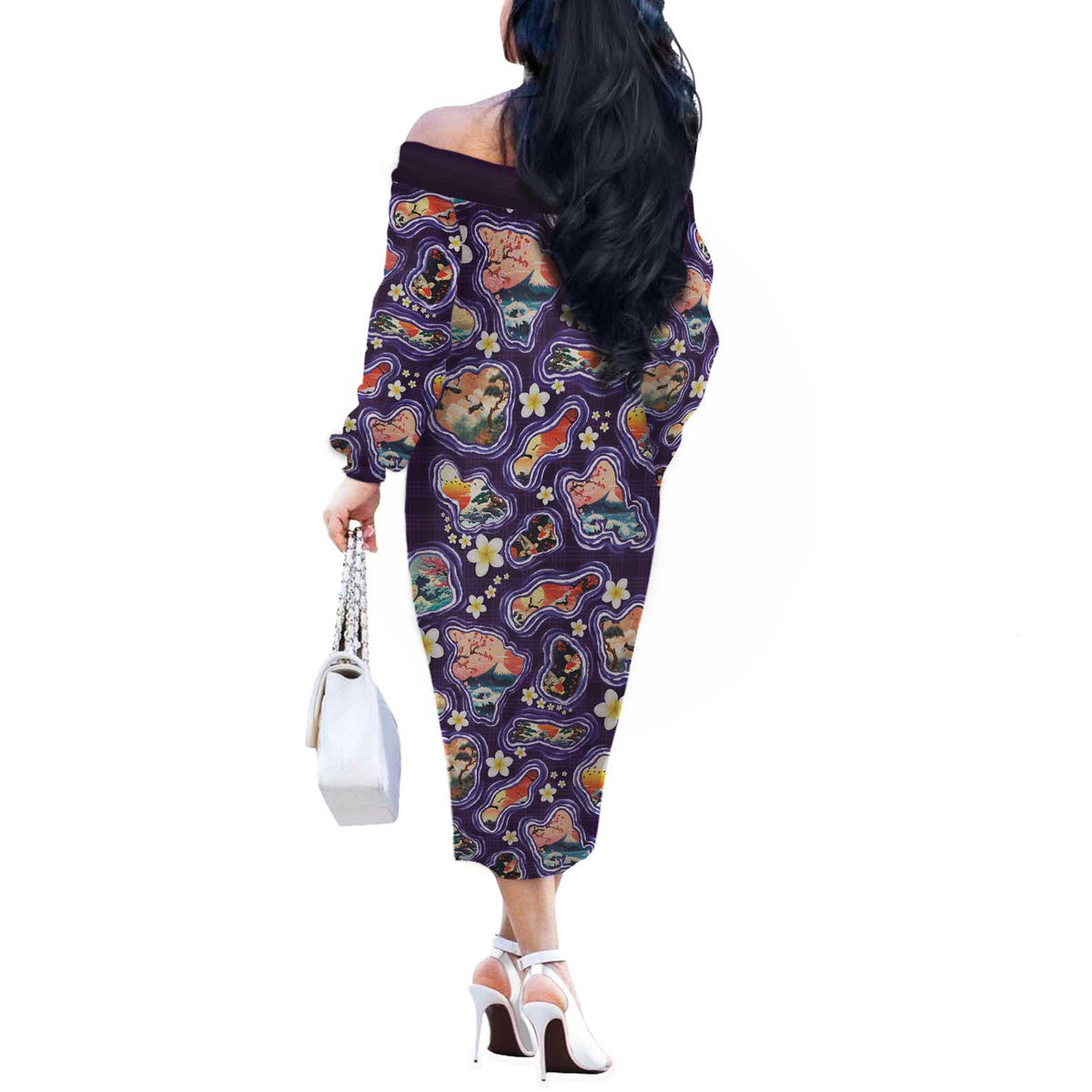 Hawaii Islands Map Design with Japanese Landscape Off The Shoulder Long Sleeve Dress Hawaiian Japan Fusion Art Purple Color LT03 - Polynesian Pride