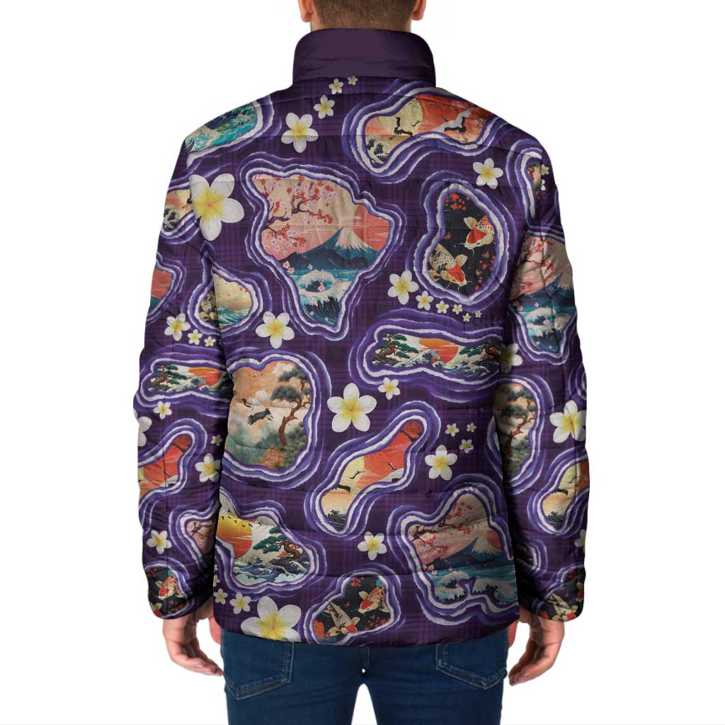 Hawaii Islands Map Design with Japanese Landscape Padded Jacket Hawaiian Japan Fusion Art Purple Color