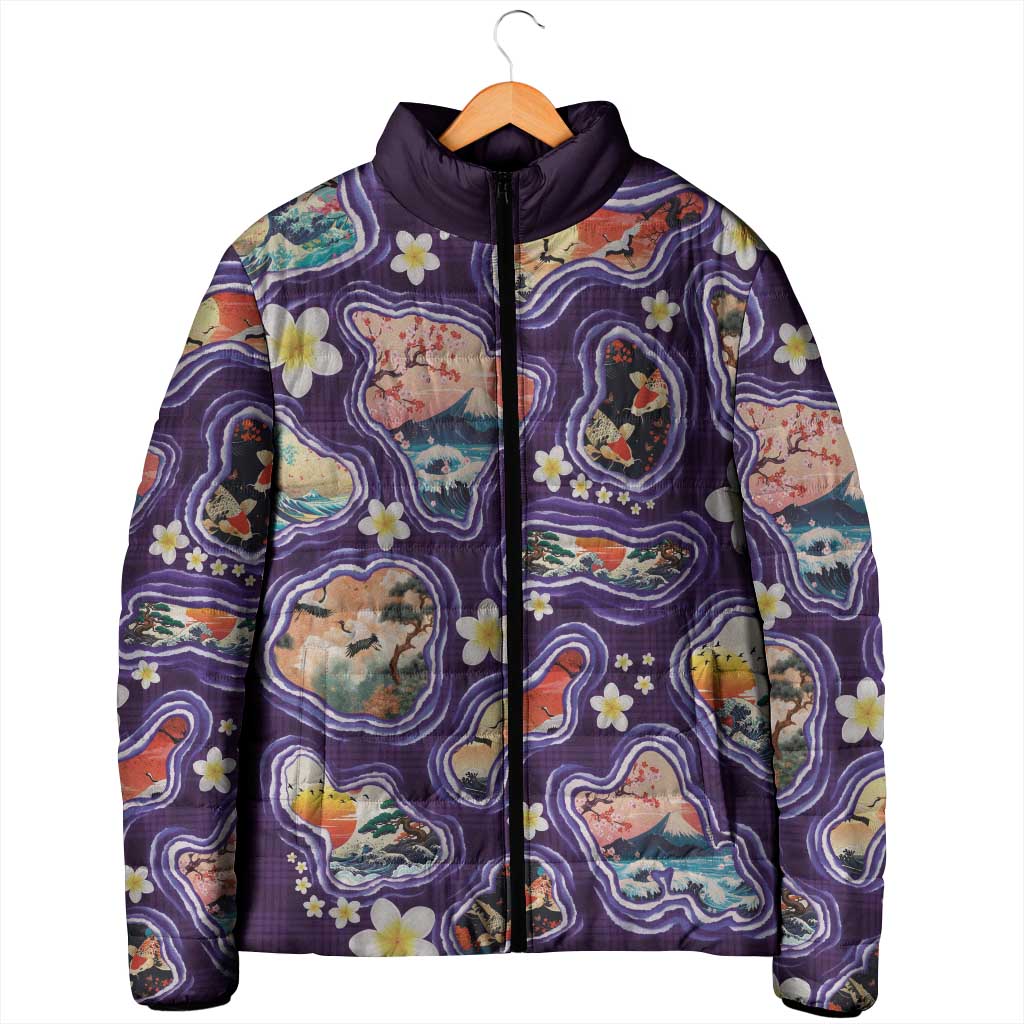 Hawaii Islands Map Design with Japanese Landscape Padded Jacket Hawaiian Japan Fusion Art Purple Color