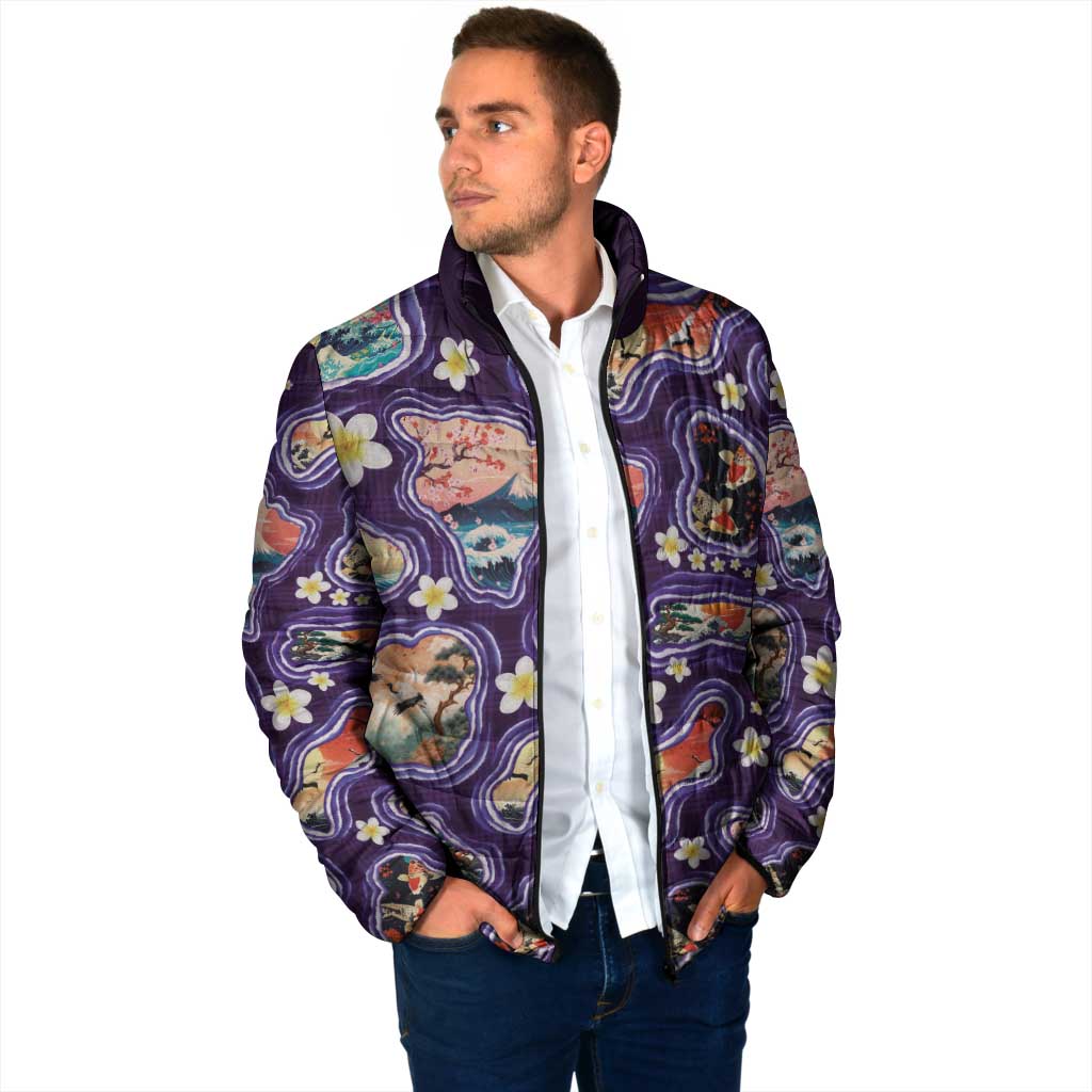 Hawaii Islands Map Design with Japanese Landscape Padded Jacket Hawaiian Japan Fusion Art Purple Color