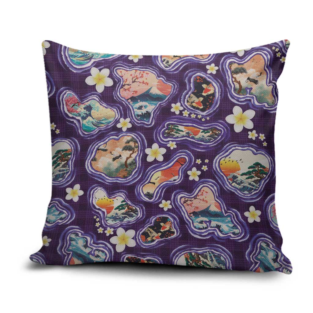 Hawaii Islands Map Design with Japanese Landscape Pillow Cover Hawaiian Japan Fusion Art Purple Color LT03 Purple - Polynesian Pride