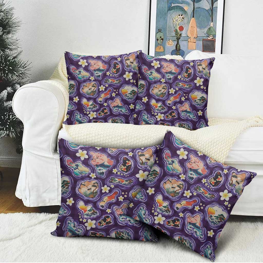 Hawaii Islands Map Design with Japanese Landscape Pillow Cover Hawaiian Japan Fusion Art Purple Color LT03 - Polynesian Pride