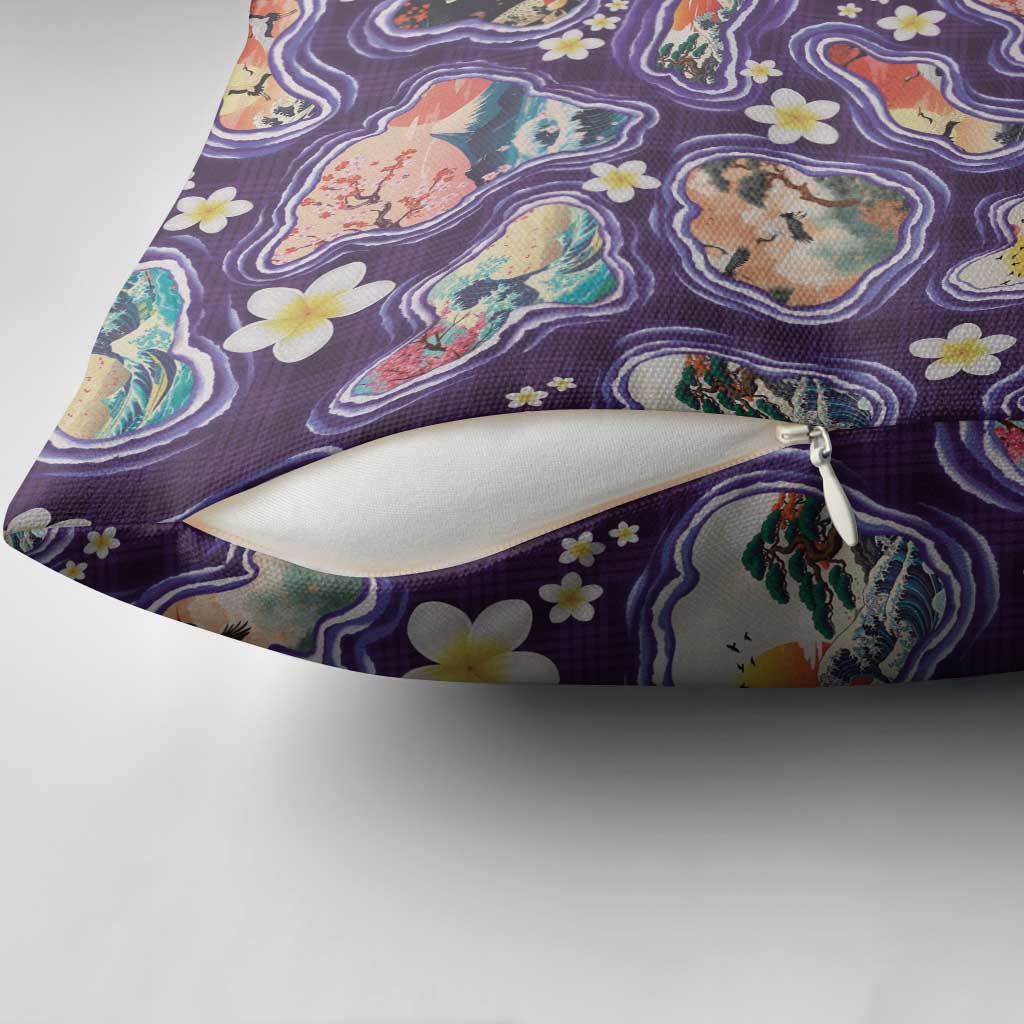 Hawaii Islands Map Design with Japanese Landscape Pillow Cover Hawaiian Japan Fusion Art Purple Color LT03 - Polynesian Pride