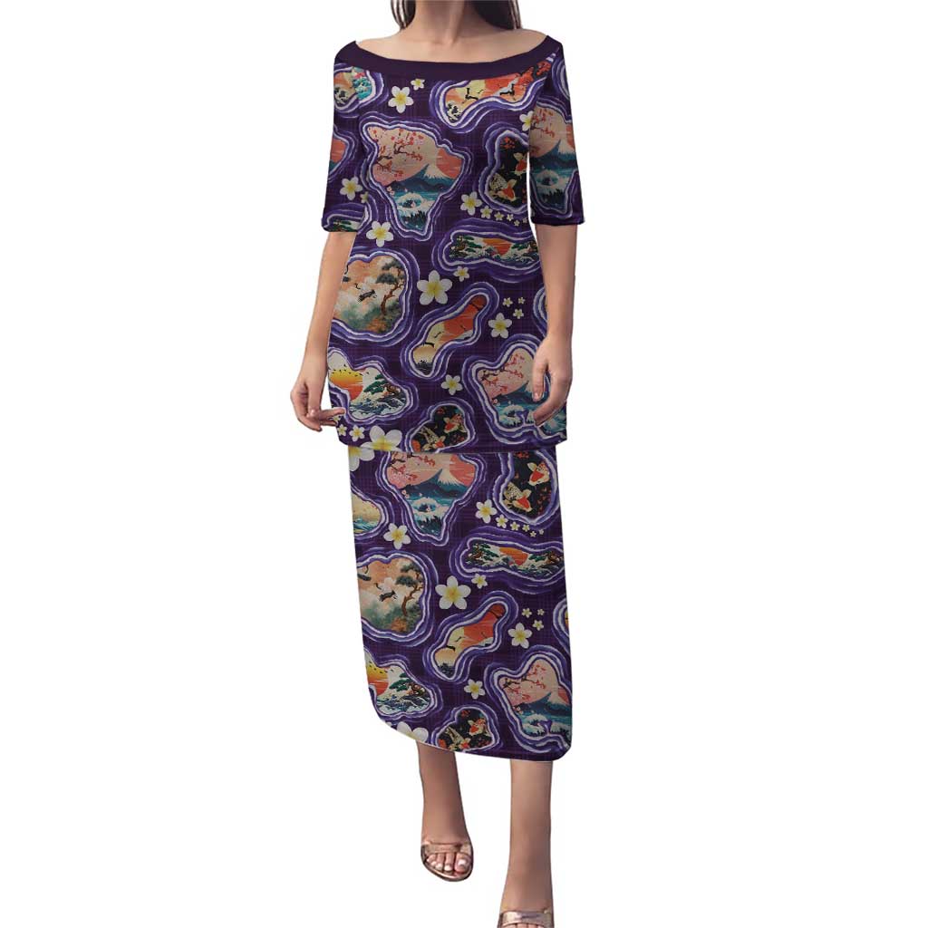 Hawaii Islands Map Design with Japanese Landscape Puletasi Hawaiian Japan Fusion Art Purple Color
