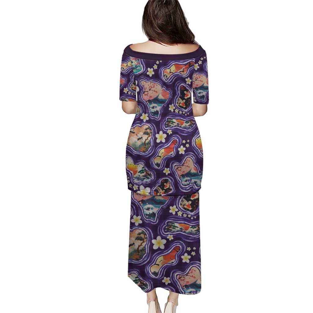 Hawaii Islands Map Design with Japanese Landscape Puletasi Hawaiian Japan Fusion Art Purple Color