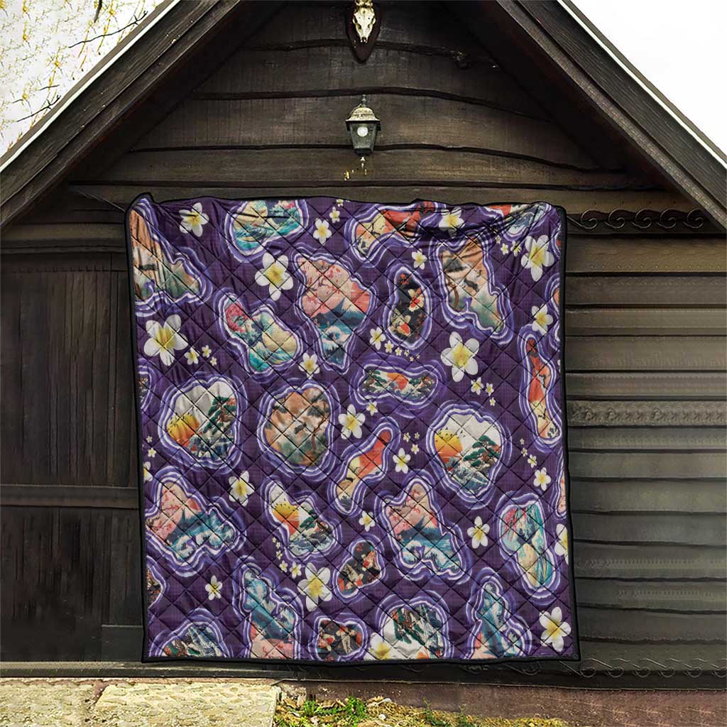 Hawaii Islands Map Design with Japanese Landscape Quilt Hawaiian Japan Fusion Art Purple Color