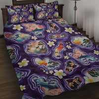 Hawaii Islands Map Design with Japanese Landscape Quilt Bed Set Hawaiian Japan Fusion Art Purple Color