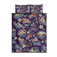Hawaii Islands Map Design with Japanese Landscape Quilt Bed Set Hawaiian Japan Fusion Art Purple Color