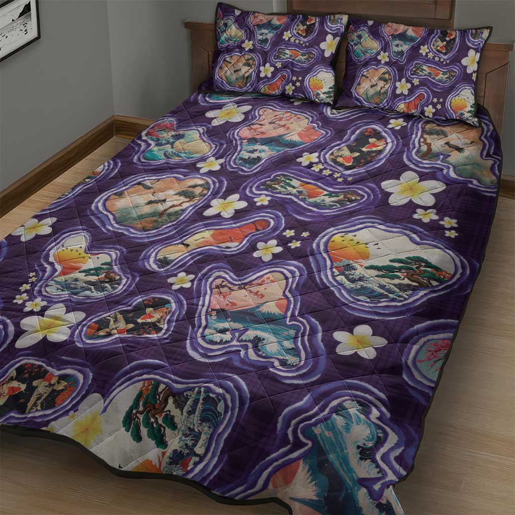 Hawaii Islands Map Design with Japanese Landscape Quilt Bed Set Hawaiian Japan Fusion Art Purple Color