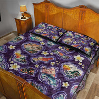 Hawaii Islands Map Design with Japanese Landscape Quilt Bed Set Hawaiian Japan Fusion Art Purple Color