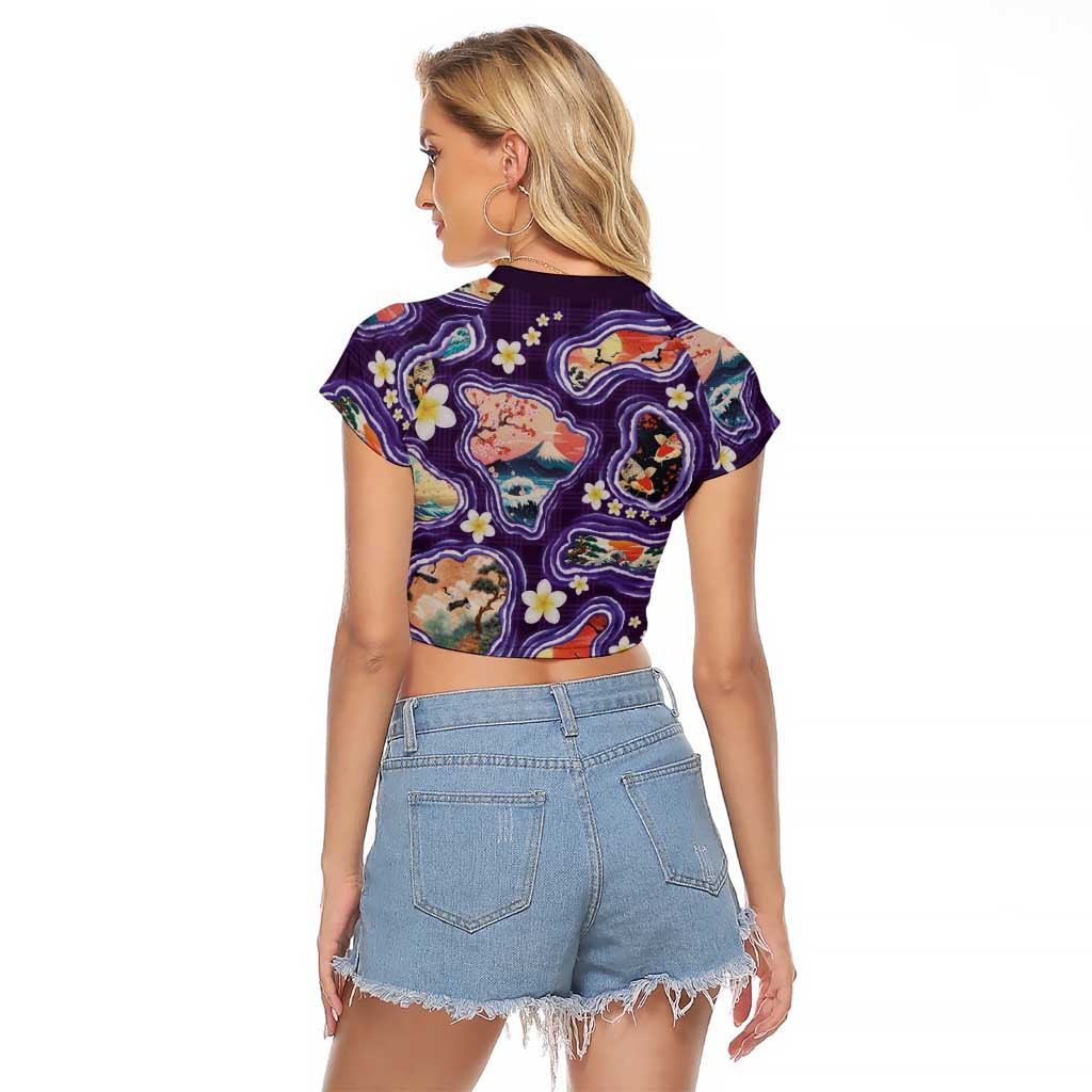 Hawaii Islands Map Design with Japanese Landscape Raglan Cropped T Shirt Hawaiian Japan Fusion Art Purple Color LT03 - Polynesian Pride