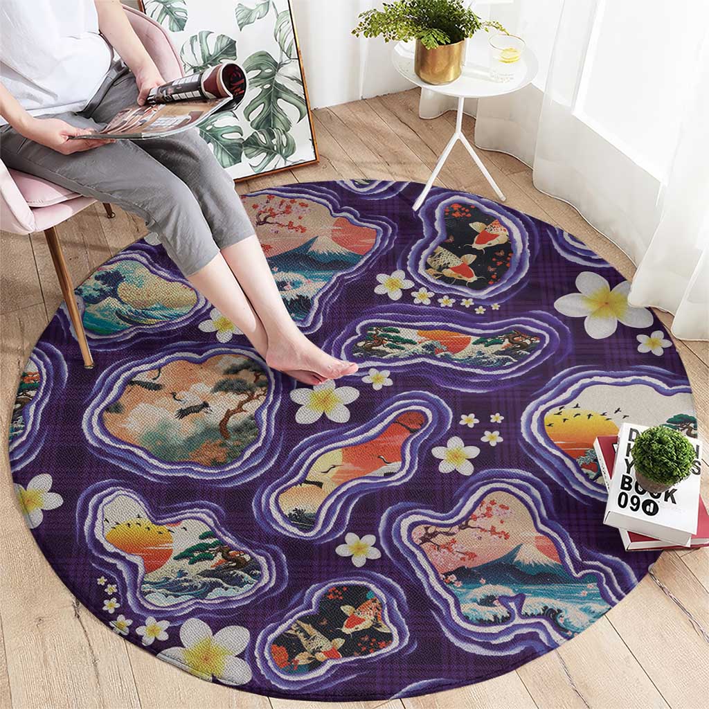 Hawaii Islands Map Design with Japanese Landscape Round Carpet Hawaiian Japan Fusion Art Purple Color