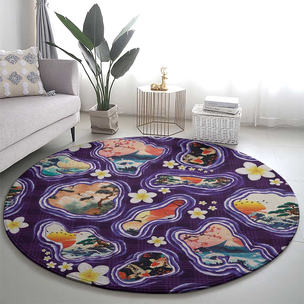 Hawaii Islands Map Design with Japanese Landscape Round Carpet Hawaiian Japan Fusion Art Purple Color