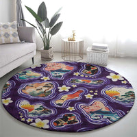 Hawaii Islands Map Design with Japanese Landscape Round Carpet Hawaiian Japan Fusion Art Purple Color