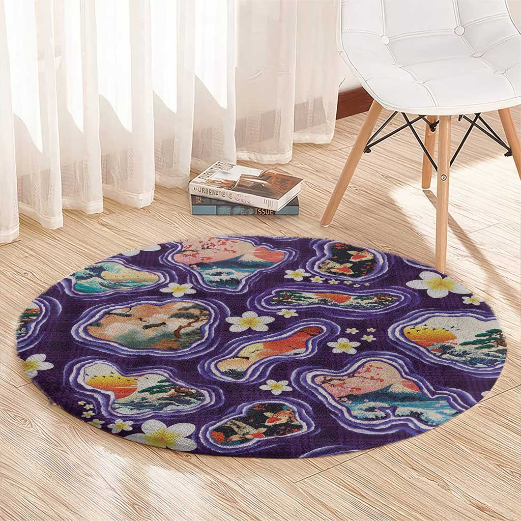Hawaii Islands Map Design with Japanese Landscape Round Carpet Hawaiian Japan Fusion Art Purple Color