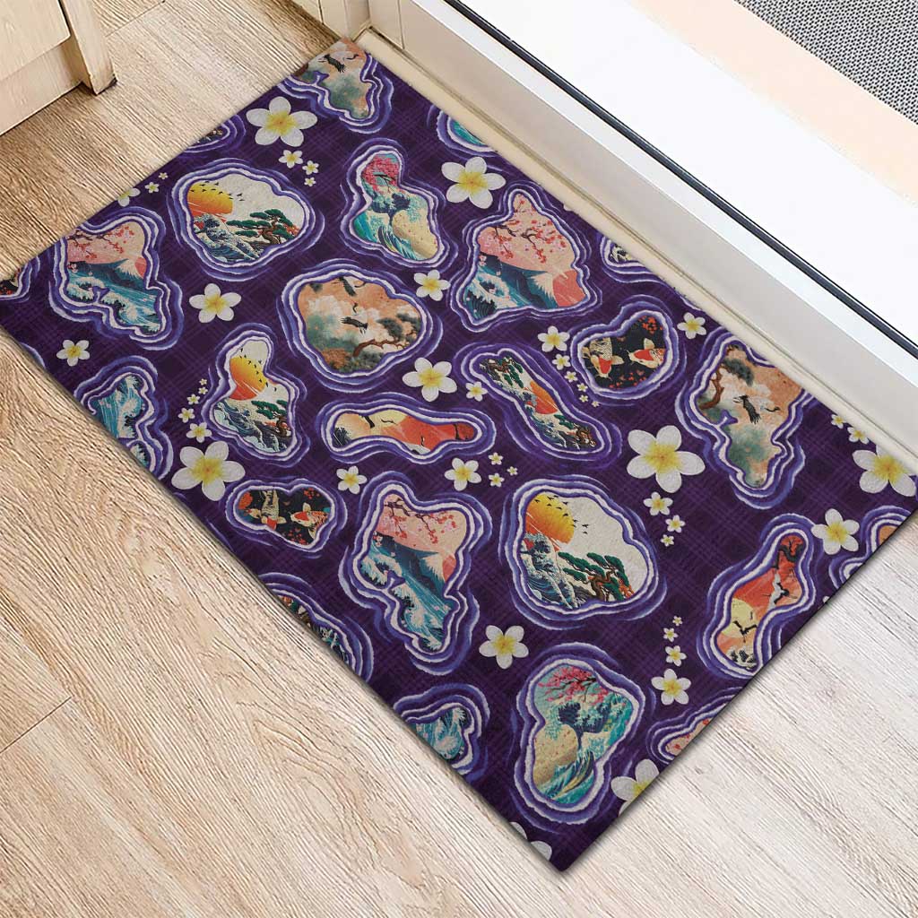 Hawaii Islands Map Design with Japanese Landscape Rubber Doormat Hawaiian Japan Fusion Art Purple Color
