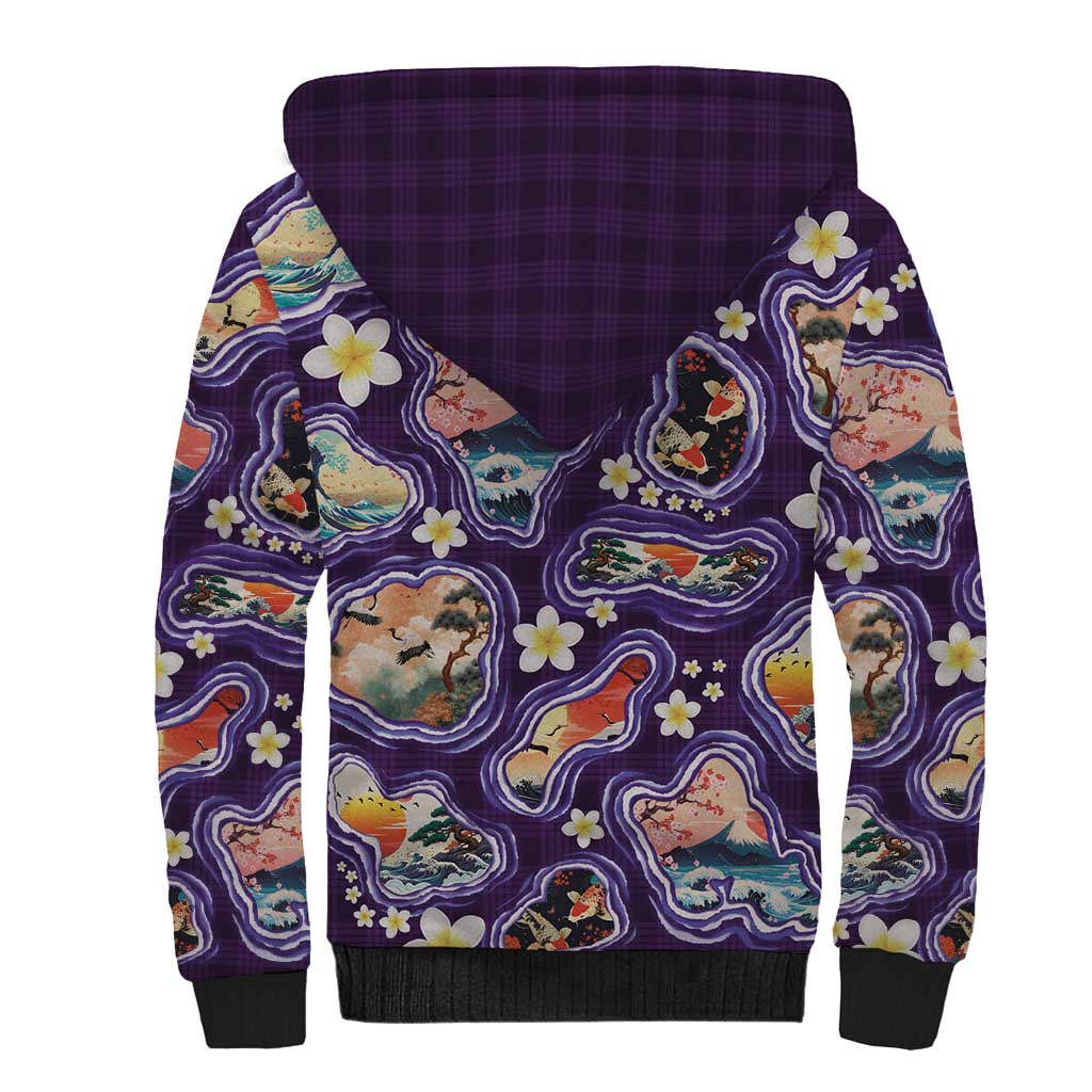 Hawaii Islands Map Design with Japanese Landscape Sherpa Hoodie Hawaiian Japan Fusion Art Purple Color LT03 - Polynesian Pride
