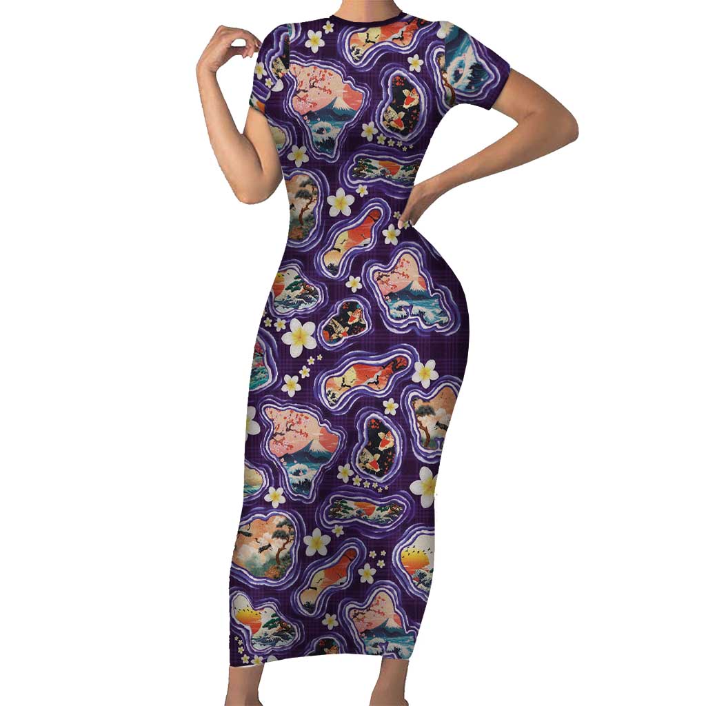 Hawaii Islands Map Design with Japanese Landscape Short Sleeve Bodycon Dress Hawaiian Japan Fusion Art Purple Color