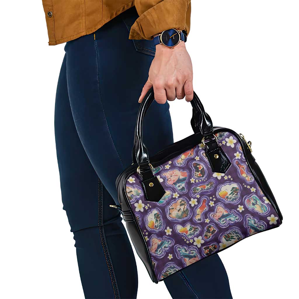 Hawaii Islands Map Design with Japanese Landscape Shoulder Handbag Hawaiian Japan Fusion Art Purple Color