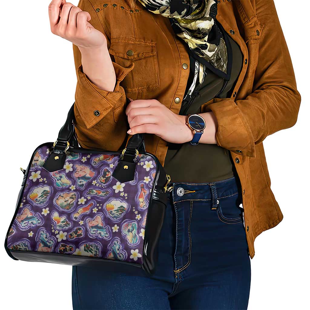 Hawaii Islands Map Design with Japanese Landscape Shoulder Handbag Hawaiian Japan Fusion Art Purple Color