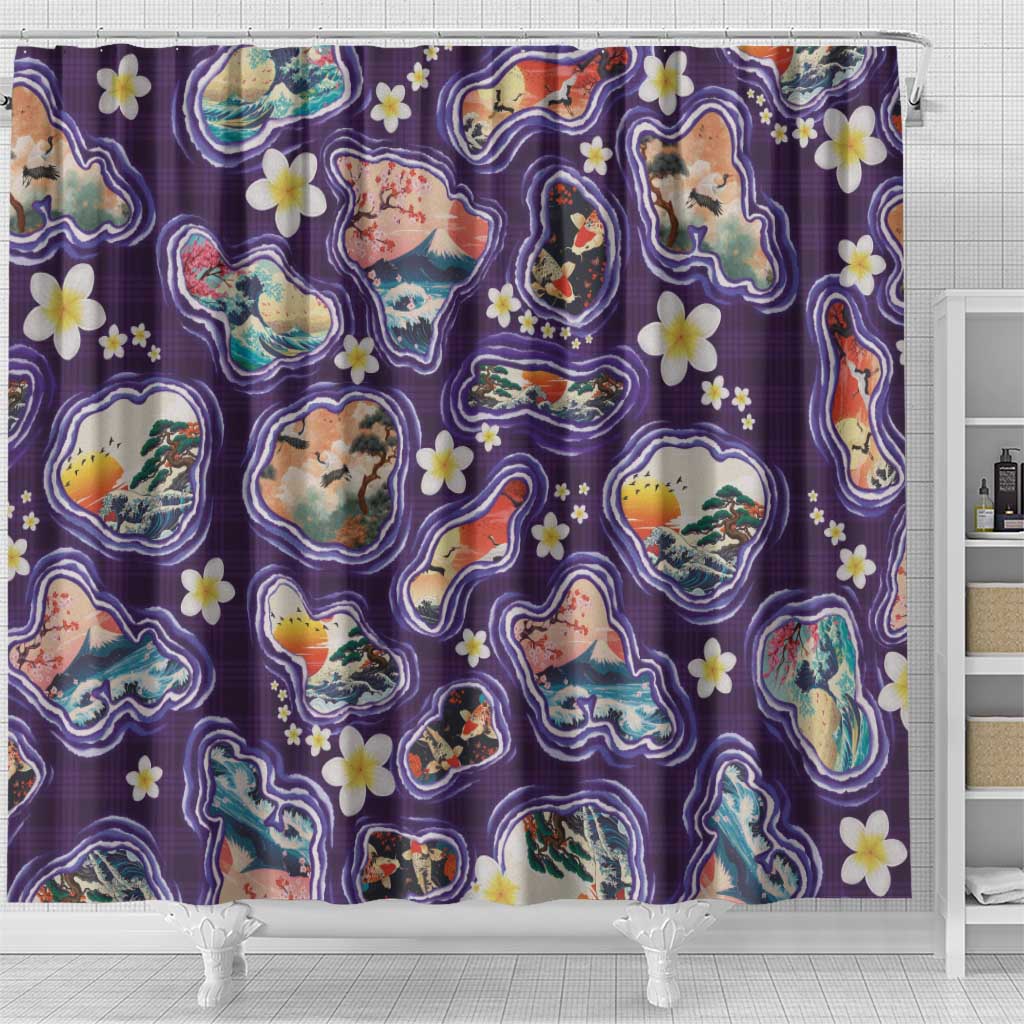 Hawaii Islands Map Design with Japanese Landscape Shower Curtain Hawaiian Japan Fusion Art Purple Color