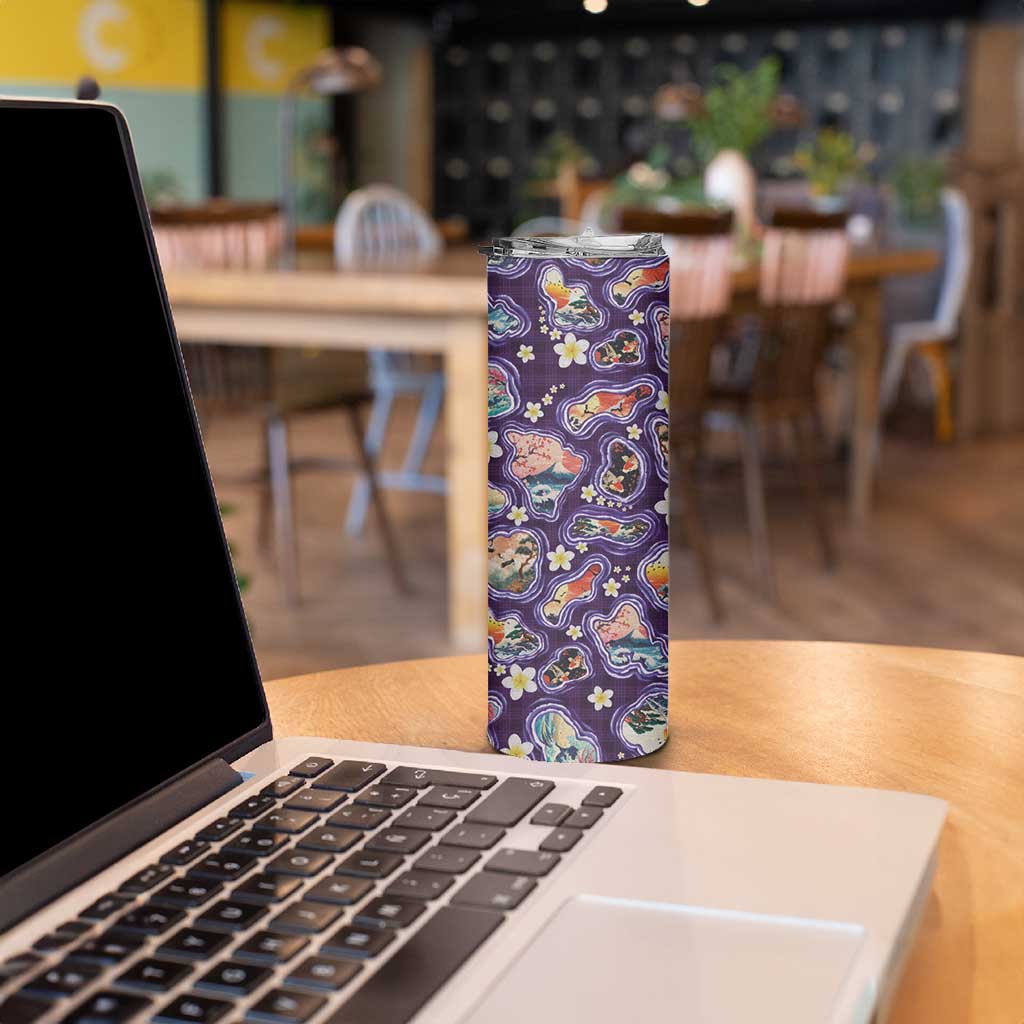 Hawaii Islands Map Design with Japanese Landscape Skinny Tumbler Hawaiian Japan Fusion Art Purple Color LT03 - Polynesian Pride