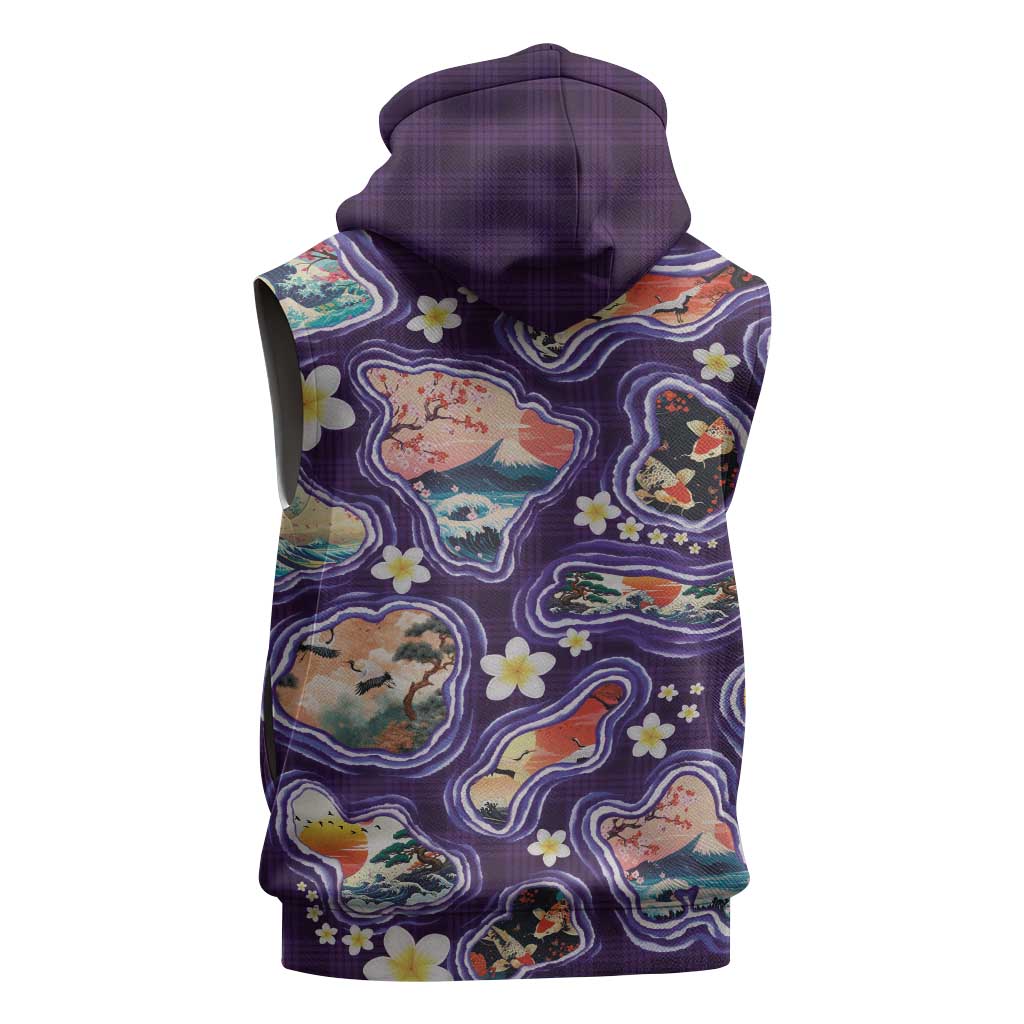Hawaii Islands Map Design with Japanese Landscape Sleeveless Hoodie Hawaiian Japan Fusion Art Purple Color LT03 - Polynesian Pride