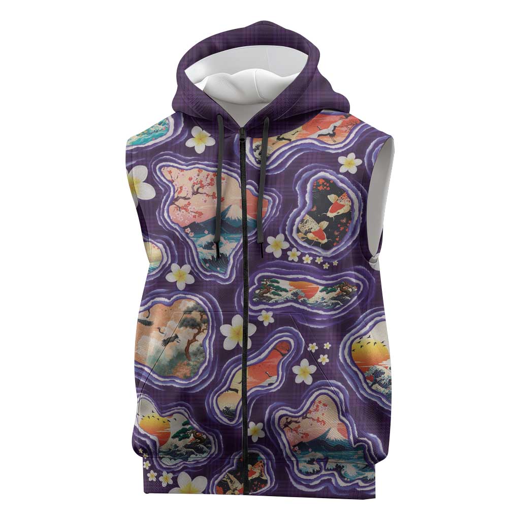 Hawaii Islands Map Design with Japanese Landscape Sleeveless Zip Hoodie Hawaiian Japan Fusion Art Purple Color