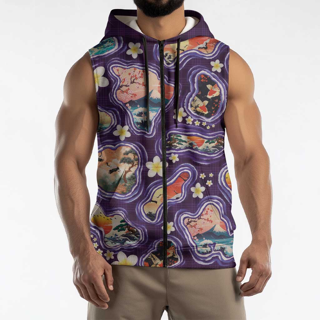 Hawaii Islands Map Design with Japanese Landscape Sleeveless Zip Hoodie Hawaiian Japan Fusion Art Purple Color LT03 - Polynesian Pride