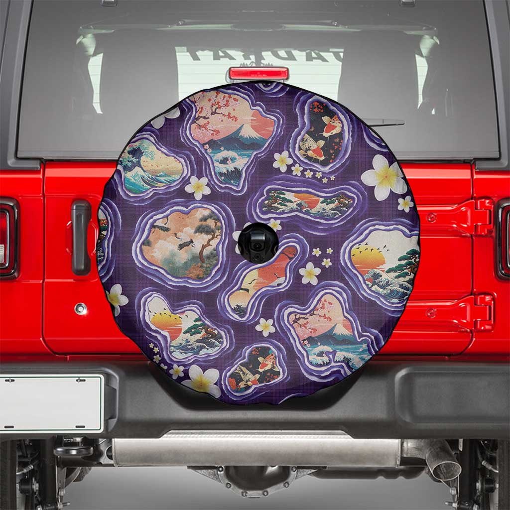Hawaii Islands Map Design with Japanese Landscape Spare Tire Cover Hawaiian Japan Fusion Art Purple Color LT03 - Polynesian Pride