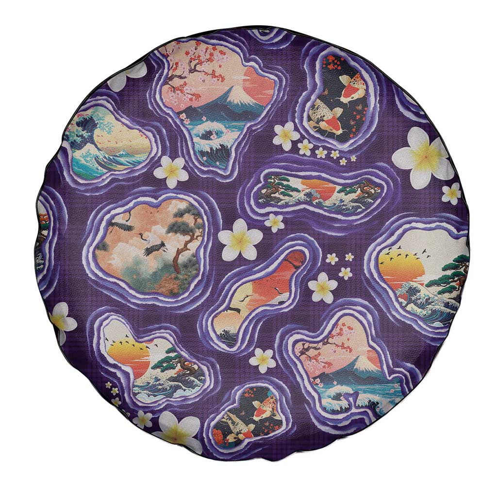 Hawaii Islands Map Design with Japanese Landscape Spare Tire Cover Hawaiian Japan Fusion Art Purple Color LT03 - Polynesian Pride