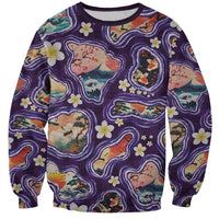 Hawaii Islands Map Design with Japanese Landscape Sweatshirt Hawaiian Japan Fusion Art Purple Color