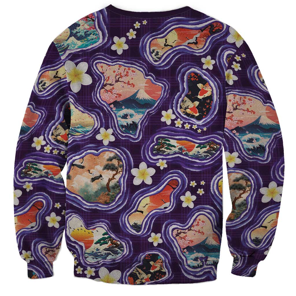 Hawaii Islands Map Design with Japanese Landscape Sweatshirt Hawaiian Japan Fusion Art Purple Color